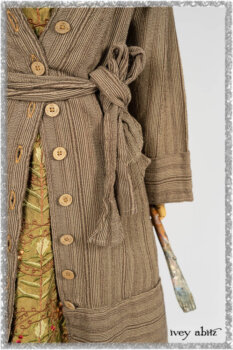 Hudson Duster Coat in Earthen Embroidered Stripe Gauze; River Frock in Woodlawn Vine Embroidered Washed Silk; Hudson Frock in Earthen Washed Stripe Linen. Ivey Abitz bespoke clothing.