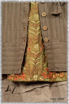 Hudson Duster Coat in Earthen Embroidered Stripe Gauze; River Frock in Woodlawn Vine Embroidered Washed Silk; Hudson Frock in Earthen Washed Stripe Linen. Ivey Abitz bespoke clothing.