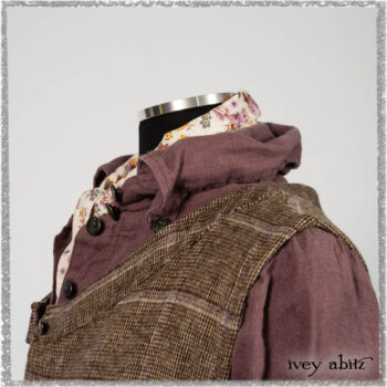 Porte Cochere Frock in Earthen and Plum Stretch Plaid; Fairholme Shirt in Plum Tree Washed Linen; Blanchefleur Sash in Ethereal Floral Cotton Voile. Ivey Abitz bespoke clothing.
