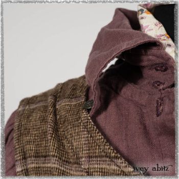 Porte Cochere Frock in Earthen and Plum Stretch Plaid; Fairholme Shirt in Plum Tree Washed Linen; Blanchefleur Sash in Ethereal Floral Cotton Voile. Ivey Abitz bespoke clothing.