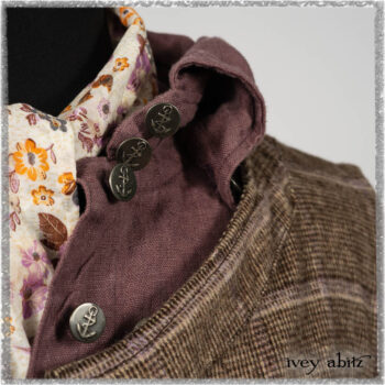 Porte Cochere Frock in Earthen and Plum Stretch Plaid; Fairholme Shirt in Plum Tree Washed Linen; Blanchefleur Sash in Ethereal Floral Cotton Voile. Ivey Abitz bespoke clothing.