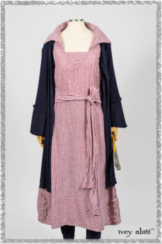 Viv Coat Dress in National Seashore Pinstripe Voile; Viv Frock in Red Sky at Night Stripe. Ivey Abitz bespoke clothing.