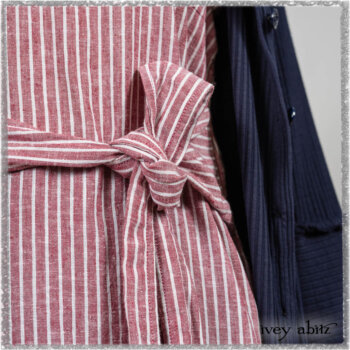 Viv Coat Dress in National Seashore Pinstripe Voile; Viv Frock in Red Sky at Night Stripe. Ivey Abitz bespoke clothing.