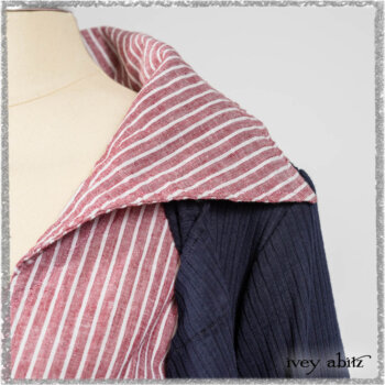 Viv Coat Dress in National Seashore Pinstripe Voile; Viv Frock in Red Sky at Night Stripe. Ivey Abitz bespoke clothing.