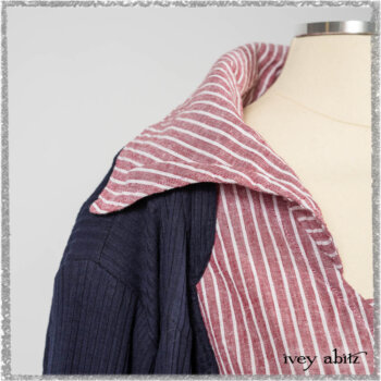 Viv Coat Dress in National Seashore Pinstripe Voile; Viv Frock in Red Sky at Night Stripe. Ivey Abitz bespoke clothing.