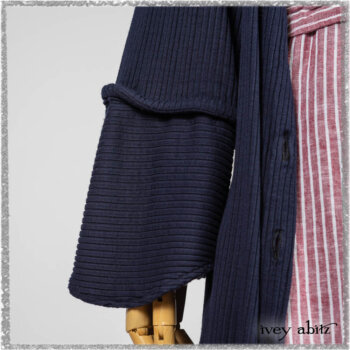 Viv Coat Dress in National Seashore Pinstripe Voile; Viv Frock in Red Sky at Night Stripe. Ivey Abitz bespoke clothing.