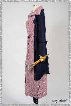 Viv Coat Dress in National Seashore Pinstripe Voile; Viv Frock in Red Sky at Night Stripe. Ivey Abitz bespoke clothing.