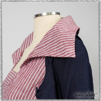 Viv Coat Dress in National Seashore Pinstripe Voile; Viv Frock in Red Sky at Night Stripe. Ivey Abitz bespoke clothing.