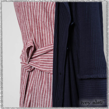 Viv Coat Dress in National Seashore Pinstripe Voile; Viv Frock in Red Sky at Night Stripe. Ivey Abitz bespoke clothing.