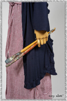 Viv Coat Dress in National Seashore Pinstripe Voile; Viv Frock in Red Sky at Night Stripe. Ivey Abitz bespoke clothing.
