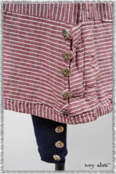 Viv Coat Dress in National Seashore Pinstripe Voile; Viv Frock in Red Sky at Night Stripe. Ivey Abitz bespoke clothing.