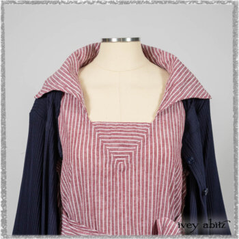 Viv Coat Dress in National Seashore Pinstripe Voile; Viv Frock in Red Sky at Night Stripe. Ivey Abitz bespoke clothing.