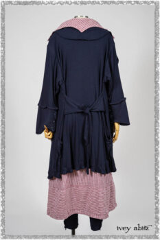 Viv Coat Dress in National Seashore Pinstripe Voile; Viv Frock in Red Sky at Night Stripe. Ivey Abitz bespoke clothing.