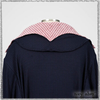 Viv Coat Dress in National Seashore Pinstripe Voile; Viv Frock in Red Sky at Night Stripe. Ivey Abitz bespoke clothing.