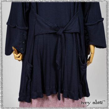 Viv Coat Dress in National Seashore Pinstripe Voile; Viv Frock in Red Sky at Night Stripe. Ivey Abitz bespoke clothing.