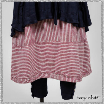 Viv Coat Dress in National Seashore Pinstripe Voile; Viv Frock in Red Sky at Night Stripe. Ivey Abitz bespoke clothing.