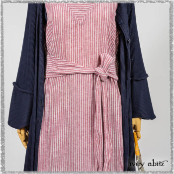 Viv Coat Dress in National Seashore Pinstripe Voile; Viv Frock in Red Sky at Night Stripe. Ivey Abitz bespoke clothing.