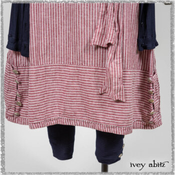 Viv Coat Dress in National Seashore Pinstripe Voile; Viv Frock in Red Sky at Night Stripe. Ivey Abitz bespoke clothing.