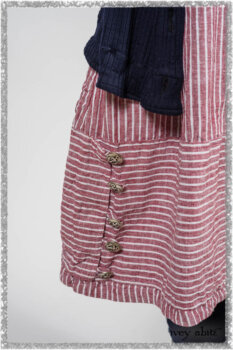 Viv Coat Dress in National Seashore Pinstripe Voile; Viv Frock in Red Sky at Night Stripe. Ivey Abitz bespoke clothing.
