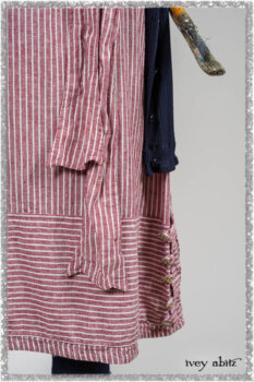 Viv Coat Dress in National Seashore Pinstripe Voile; Viv Frock in Red Sky at Night Stripe. Ivey Abitz bespoke clothing.