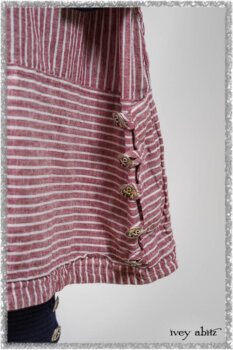 Viv Coat Dress in National Seashore Pinstripe Voile; Viv Frock in Red Sky at Night Stripe. Ivey Abitz bespoke clothing.