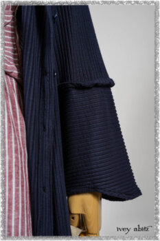 Viv Coat Dress in National Seashore Pinstripe Voile; Viv Frock in Red Sky at Night Stripe. Ivey Abitz bespoke clothing.