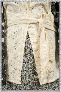 Tollie Shirt in Ethereal Cream Embroidered Voile; Elliot Jacket in Flora and Fauna Knit; Tollie Dress in Ethereal Cream and Black Fleur Stretch Cotton. Ivey Abitz bespoke clothing.