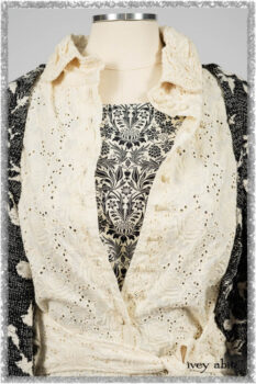 Tollie Shirt in Ethereal Cream Embroidered Voile; Elliot Jacket in Flora and Fauna Knit; Tollie Dress in Ethereal Cream and Black Fleur Stretch Cotton. Ivey Abitz bespoke clothing.