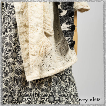 Tollie Shirt in Ethereal Cream Embroidered Voile; Elliot Jacket in Flora and Fauna Knit; Tollie Dress in Ethereal Cream and Black Fleur Stretch Cotton. Ivey Abitz bespoke clothing.