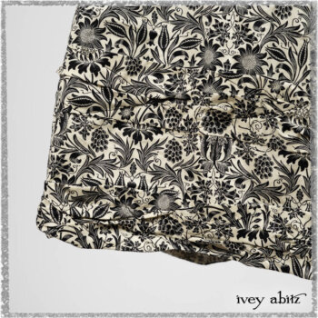 Tollie Shirt in Ethereal Cream Embroidered Voile; Elliot Jacket in Flora and Fauna Knit; Tollie Dress in Ethereal Cream and Black Fleur Stretch Cotton. Ivey Abitz bespoke clothing.