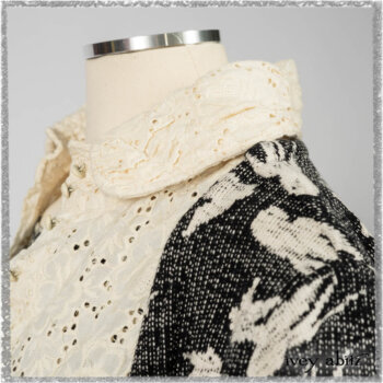 Tollie Shirt in Ethereal Cream Embroidered Voile; Elliot Jacket in Flora and Fauna Knit; Tollie Dress in Ethereal Cream and Black Fleur Stretch Cotton. Ivey Abitz bespoke clothing.