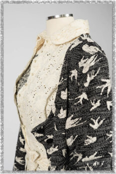 Tollie Shirt in Ethereal Cream Embroidered Voile; Elliot Jacket in Flora and Fauna Knit; Tollie Dress in Ethereal Cream and Black Fleur Stretch Cotton. Ivey Abitz bespoke clothing.