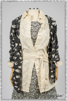 Tollie Shirt in Ethereal Cream Embroidered Voile; Elliot Jacket in Flora and Fauna Knit; Tollie Dress in Ethereal Cream and Black Fleur Stretch Cotton. Ivey Abitz bespoke clothing.