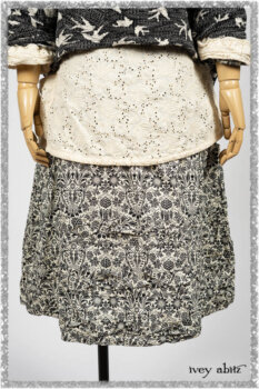 Tollie Shirt in Ethereal Cream Embroidered Voile; Elliot Jacket in Flora and Fauna Knit; Tollie Dress in Ethereal Cream and Black Fleur Stretch Cotton. Ivey Abitz bespoke clothing.