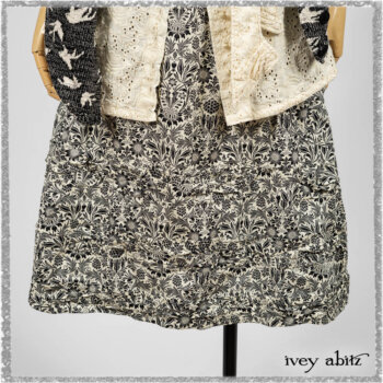Tollie Shirt in Ethereal Cream Embroidered Voile; Elliot Jacket in Flora and Fauna Knit; Tollie Dress in Ethereal Cream and Black Fleur Stretch Cotton. Ivey Abitz bespoke clothing.