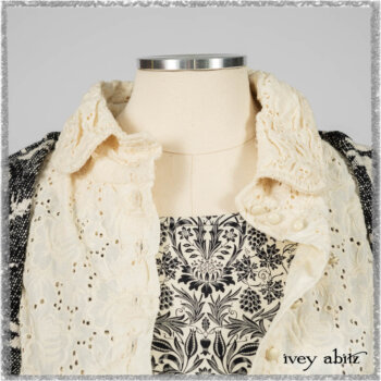 Tollie Shirt in Ethereal Cream Embroidered Voile; Elliot Jacket in Flora and Fauna Knit; Tollie Dress in Ethereal Cream and Black Fleur Stretch Cotton. Ivey Abitz bespoke clothing.