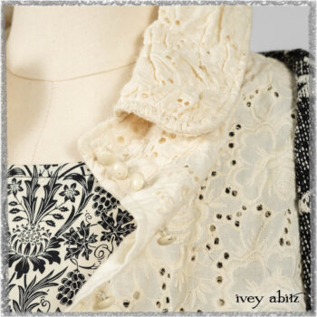 Tollie Shirt in Ethereal Cream Embroidered Voile; Elliot Jacket in Flora and Fauna Knit; Tollie Dress in Ethereal Cream and Black Fleur Stretch Cotton. Ivey Abitz bespoke clothing.