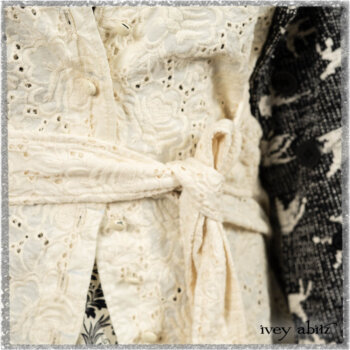 Tollie Shirt in Ethereal Cream Embroidered Voile; Elliot Jacket in Flora and Fauna Knit; Tollie Dress in Ethereal Cream and Black Fleur Stretch Cotton. Ivey Abitz bespoke clothing.