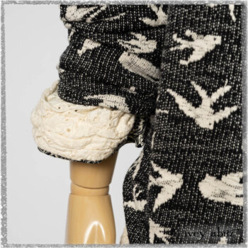 Tollie Shirt in Ethereal Cream Embroidered Voile; Elliot Jacket in Flora and Fauna Knit; Tollie Dress in Ethereal Cream and Black Fleur Stretch Cotton. Ivey Abitz bespoke clothing.