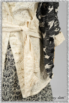 Tollie Shirt in Ethereal Cream Embroidered Voile; Elliot Jacket in Flora and Fauna Knit; Tollie Dress in Ethereal Cream and Black Fleur Stretch Cotton. Ivey Abitz bespoke clothing.