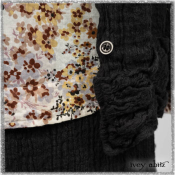 Mewland Jacket in Black Washed Crinkled Linen; Bramley Dress in Plum Tree Watercolour Floral Voile; Mewland Skirt in Black Washed Crinkled Linen; Cilla Slip Frock in Beacon Black Washed Ribbed Knit. Ivey Abitz bespoke clothing.