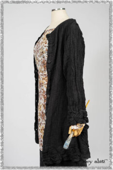 Mewland Jacket in Black Washed Crinkled Linen; Bramley Dress in Plum Tree Watercolour Floral Voile; Mewland Skirt in Black Washed Crinkled Linen; Cilla Slip Frock in Beacon Black Washed Ribbed Knit. Ivey Abitz bespoke clothing.