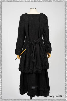 Mewland Jacket in Black Washed Crinkled Linen; Bramley Dress in Plum Tree Watercolour Floral Voile; Mewland Skirt in Black Washed Crinkled Linen; Cilla Slip Frock in Beacon Black Washed Ribbed Knit. Ivey Abitz bespoke clothing.