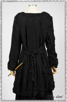 Mewland Jacket in Black Washed Crinkled Linen; Bramley Dress in Plum Tree Watercolour Floral Voile; Mewland Skirt in Black Washed Crinkled Linen; Cilla Slip Frock in Beacon Black Washed Ribbed Knit. Ivey Abitz bespoke clothing.