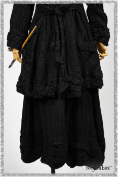 Mewland Jacket in Black Washed Crinkled Linen; Bramley Dress in Plum Tree Watercolour Floral Voile; Mewland Skirt in Black Washed Crinkled Linen; Cilla Slip Frock in Beacon Black Washed Ribbed Knit. Ivey Abitz bespoke clothing.