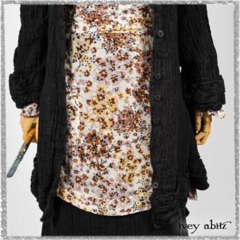 Mewland Jacket in Black Washed Crinkled Linen; Bramley Dress in Plum Tree Watercolour Floral Voile; Mewland Skirt in Black Washed Crinkled Linen; Cilla Slip Frock in Beacon Black Washed Ribbed Knit. Ivey Abitz bespoke clothing.