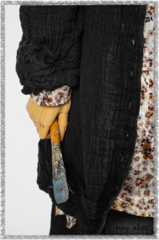 Mewland Jacket in Black Washed Crinkled Linen; Bramley Dress in Plum Tree Watercolour Floral Voile; Mewland Skirt in Black Washed Crinkled Linen; Cilla Slip Frock in Beacon Black Washed Ribbed Knit. Ivey Abitz bespoke clothing.