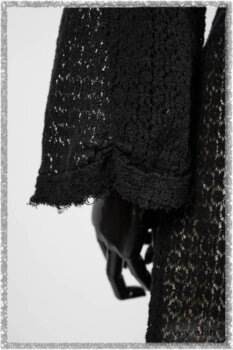 Ardsley Duster Coat in Beacon Black Lace Netted Knit; Ardsleydale Frock in Ethereal Cream Embroidered Crushed Plaid; Clotaire Sash in Ethereal Cream and Black Fleur Stretch Cotton. Ivey Abitz bespoke clothing.