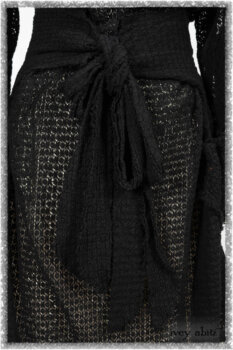 Ardsley Duster Coat in Beacon Black Lace Netted Knit; Ardsleydale Frock in Ethereal Cream Embroidered Crushed Plaid; Clotaire Sash in Ethereal Cream and Black Fleur Stretch Cotton. Ivey Abitz bespoke clothing.
