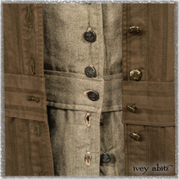 Mathilda Coat Dress in Woodlawn Variegated Stripe Weave; Mathilda Shirt in Woodlawn Washed Twill; Canterbury Frock in Woodlawn Floral Washed Linen. Ivey Abitz bespoke clothing.